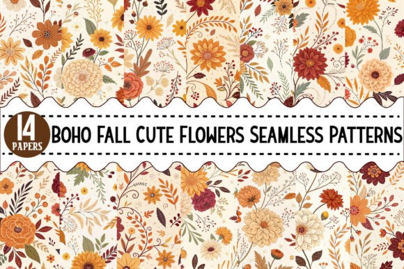 Download Boho Fall Cute Flowers Seamless Patterns - Seamless pattern Collection